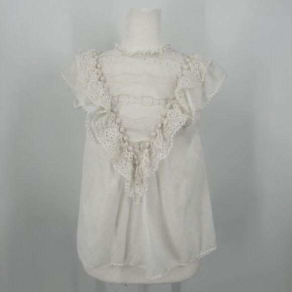 Ulla Johnson Deia Cotton Blouse Womens 2 Sleeveless Macrame Fringe Lace Detail - Picture 2 of 12